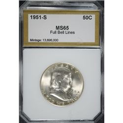 1951-S FRANKLIN HALF DOLLAR, PCI GEM BU FULL BELL LINES