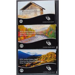 3 - SILVER PROOF QUARTER SETS - AMERICA THE BEAUTIFUL - - 2013 - 2014 - 2015