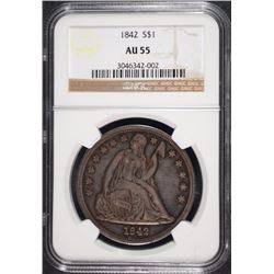 1842 SEATED LIBERTY DOLLAR NGC AU-55