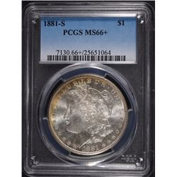 1881-S MORGAN SILVER DOLLAR, PCGS MS-66+