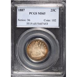 1887 SEATED LIBERTY QUARTER PCGS MS65 GORGEOUS PERIPHERAL TONING!