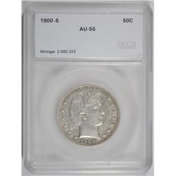 1900-S BARBER HALF DOLLAR, SEGS AU SCARCE AND NICE
