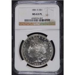 1881-S MORGAN SILVER DOLLAR, NGC MS-63 PL