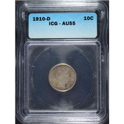 1910-D BARBER DIME, ICG AU-55