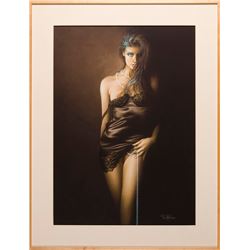 Michael Moebius, Woman in Black Slip with Pearls, Giclee
