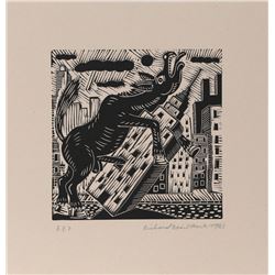 Richard Mock, Donkey on Empire State Building, Linocut