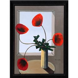 Alvaro Guillot, Pot de Fleurs Rouges a la Fenetre, Oil Painting
