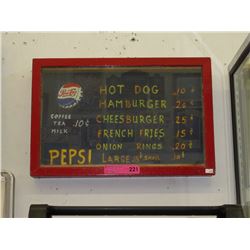 Wood framed restaurant sign with Pepsi logo