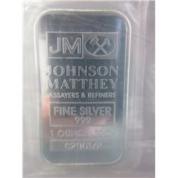 1 Troy Oz. Johnson Matthey .999 Silver Bar