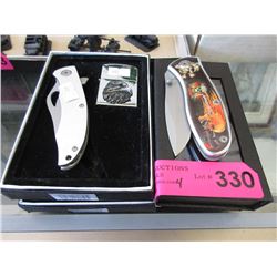 4 New folding knives - 2 with lighters