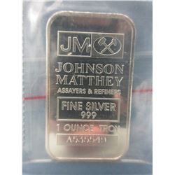 .999 Fine Silver Johnson Matthey Bar- 1 oz.