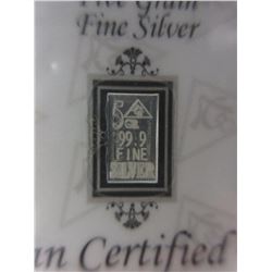 5 x .999 Fine Silver Certified Bullion Bars