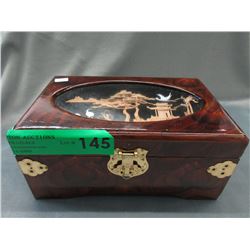 Lacquered Wood Oriental Motif Box & Contents