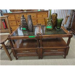 2 Wood end tables with glass insert tops