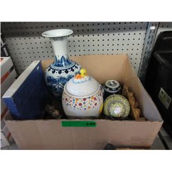Box of Wood, Porcelain & Resin Collectibles