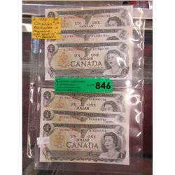 6 Canadian 1973 $1 Banknotes