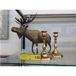 Brass moose figurine & candle sticks
