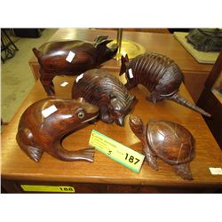 5 Carved wood animals - solid wood