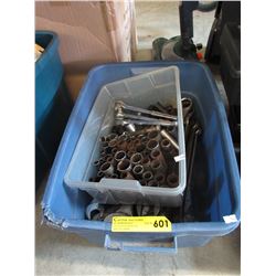Tote of used heavy duty wrenches & sockets