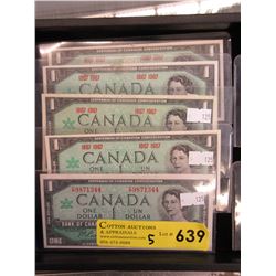 5 Canadian Centennial $1 bills - Near Mint