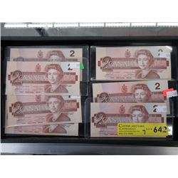 7 Canadian $2 Banknotes - Near Mint Condition