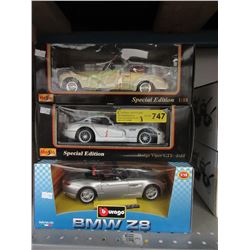 3 Die-cast scale model sports cars