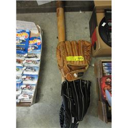 Baseball bat & 2 Gloves - used