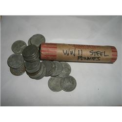 WWII STEEL HEAD PENNIES *FULL ROLL* 50 TOTAL *UNSEARCHED MIXED DATES & GRADES* ROLL CAME OUT OF SAFE