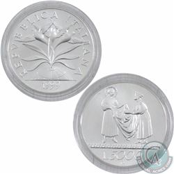 1999 Republic of Italy 5000 Lire "Birds Sprouting the from globe" Silver Coin. This coin weighs 18 g