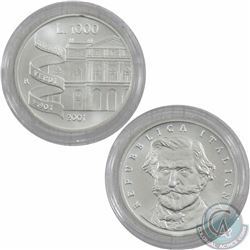2001 Republic of Italy 1000 Lire " Giuseppe Verdi" silver coin. This coin weighs 14.60 grams and con
