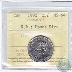 Error Canada 1992 Twenty-Five Cent New Brunswick Upset Dies (180 degree rotation) ICCS MS-64