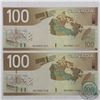 Image 1 : Pair of 2004  Canada $100.00 notes with consecutive serial numbers both in UNC Condition