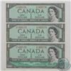 Image 1 : Run of three 1954  Canada $1.00 notes with consecutive serial numbers in UNC Condition.