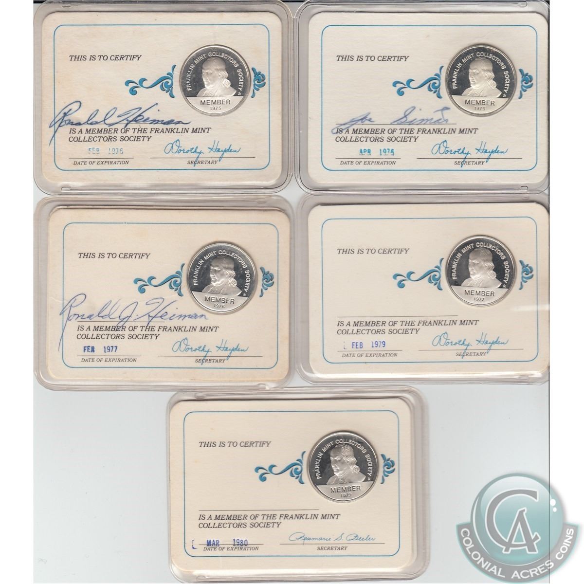 Lot of 5x Vintage 2x 1975,1976,1977,1979 Franklin Mint Collectors