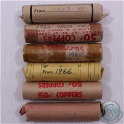 1963,1964,1965,1966,1967 and 1968 Canada 1-cent Rolls of 50pcs (6 rolls) *Sold as is, no returns*