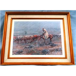 Ralston, J.K. signed print, Watching The Herd In A Storm, framed, 10" x 14"