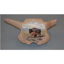 Elmer Schock (Choteau, MT) oil on buffalo skull, Meal Time, 1972, 7" diam.
