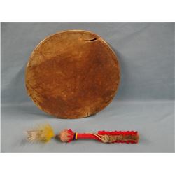 Blackfeet hand drum, used during dances, Fields Collection and trade cloth rattle, Fields Collection