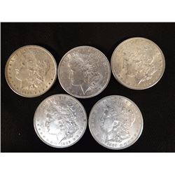 5 Morgan dollars, all 1889, some near AU