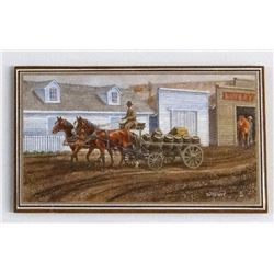Barbara East, watercolor, Beer Wagon, 1.5" x 3", framed