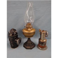 Kerosene lamp w/ brass bowl base, boat signal lantern, and 1 misc. item