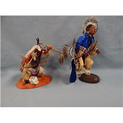 2 Indian dolls, men pow-wow dancers, 10"h and 8"h