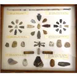 Tray of Indian Artifacts: Ft. McKenzie trade beads, Missouri River points, thumbscrapters, strike-a-