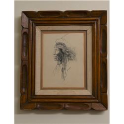 Robert Morgan, pen & ink, Indian portrait, 9" x 7", framed, purchased at CMR Auction.