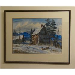 Andrew Jordan, watercolor, winter barn scene, 21" x 30", framed, purchased at CMR Auction.
