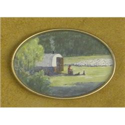 Anne Aller Overstreet, watercolor, Sheep Wagon, 2" x 3" oval, framed