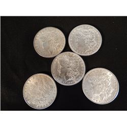 5 Morgan dollars, all 1889, some near AU