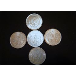 5 Morgan dollars, all 1889, some near AU