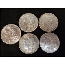5 Morgan dollars, all 1889, some near AU
