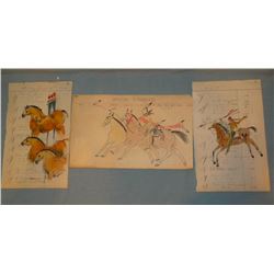 3 ledger drawings/water colors, ca. 1879-90, Indian subjects